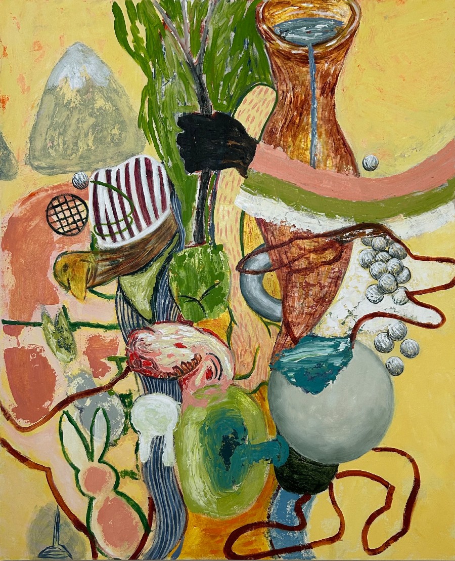 primarily yellow, green and pink, a dog romps through a chaotic pile of shapes and images